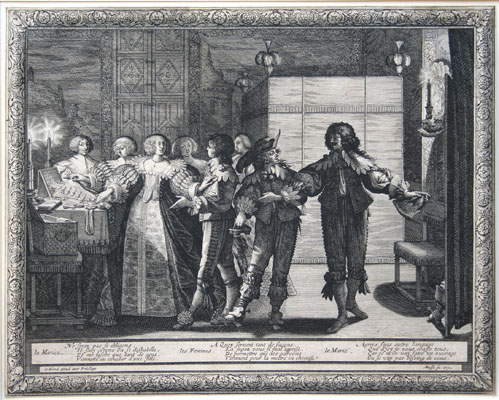 Abraham Bosse engraving: La Marie reconduite chez elle. 1633.