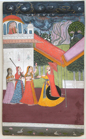 A prince with attendants outside a palace under a stormy sky.